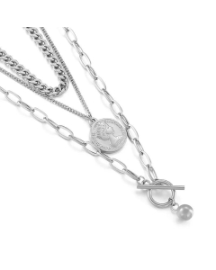 Personalized Retro Sweater Chain Avatar Pendant Three-Layer Necklace Trendy Round Beads Necklace