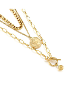 Personalized Retro Sweater Chain Avatar Pendant Three-Layer Necklace Trendy Round Beads Necklace