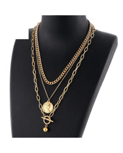 Personalized Retro Sweater Chain Avatar Pendant Three-Layer Necklace Trendy Round Beads Necklace