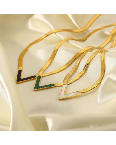 18K Gold Necklace Fine V-Shaped Black Shell Green Malachite Natural White Shell Flat Snake Chain Stainless Steel 