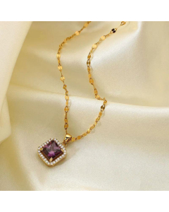  White Micro-Inlaid Zircon Edging Purple Square Zircon Pendant Stainless Steel Necklace 
