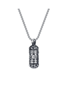 Cylindrical Stainless Steel Pendant Retro Six-Character Mantra Totem Necklace Fine-Steel Color-55cm-3mm