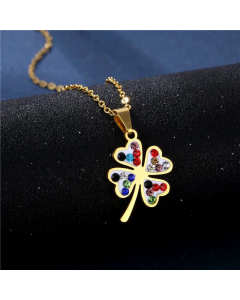 Female Fashion And Lucky Four-Leaf Clover Clavicle Necklace Steel Jewelry Stainless Steel Pottery Colorful Crystals Necklace