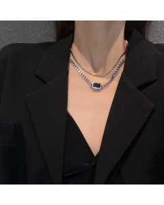 Double-Layer Titanium Steel Hip-Hop Necklace Geometric Black Crystal Short Necklace Wholesale