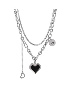 Double-Layer Clavicle Chain Mosaic Black Love Round Card Letter Necklace Hip Hop Titanium Steel 