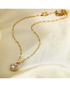 Micro-Inlaid Zircon Edging White Transparent Round Zircon Pendant Fine Necklace Stainless Steel Chain 