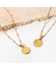 18K Gold Bead Chain Hyperbolic Queen Elizabeth Disc Coin Pendant Vintage Necklace Stainless Steel Jewelry 