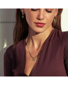 Semi-Precious Stone Green Aventurine Necklace Earrings Set Figaro Chain 18K Plating Titanium Steel Sweater Necklace