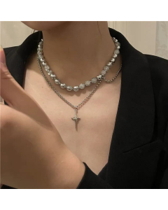 Niche Cross Round Bead Cold Wind Double Layered Stainless Steel Necklace 