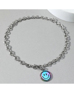 Hip-Hop Colorful Double-Sided Face Pendant Smiley OT Buckle Titanium Steel Bracelet Necklace Set