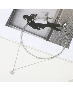 Double Layered Paperclip Chain Clavicle Chain Rhinestone Pendant Stainless Steel Necklace