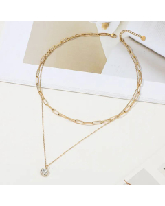 Double Layered Paperclip Chain Clavicle Chain Rhinestone Pendant Stainless Steel Necklace