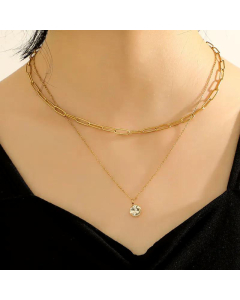 Double Layered Paperclip Chain Clavicle Chain Rhinestone Pendant Stainless Steel Necklace
