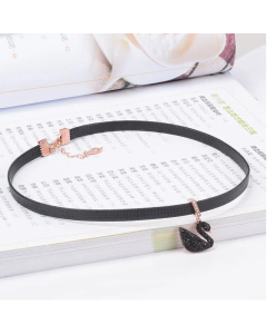 Little Swan Titanium Steel Inlaid Black Leather Cord Necklace Rose Gold Necklace Clavicle Chain 