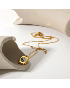 18K Gold-Plated Stainless Steel Black White Yin Yang Square Pendant Necklace Fashion Jewelry