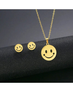 Hip-Hop Double-Sided Expression Pendant Set of 3 Smiley Face Stainless Steel Necklace Earrings Set
