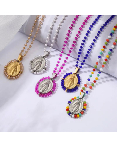 Wholesale Fashion Stainless Steel Virgin Pendent Colorful Glass Beads Necklace