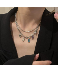 Fashion Double Layered Color Zircon Tassel Stainless Steel Necklace Wholesale Jewelry