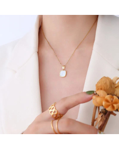French Fine Quality White Sea Shell Acrylic Diamond Square Round Necklace -Gold Color-01