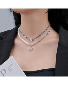 Double Layered Clavicle Chain Star Pearl Splicing Stainless Steel Necklace 