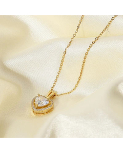 Exquisite Women's Jewelry Stainless Steel Gold Large Single Shiny Crystal Heart Pendant Necklace