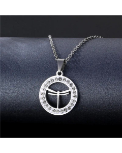 Hollow Round Inlaid Rhinestone Dragonfly Pendant Stainless Steel Necklace 