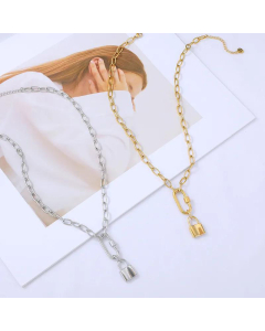 Wholesale Jewelry Fashion Geometric Lock Paperclip Stainless Steel Necklace 