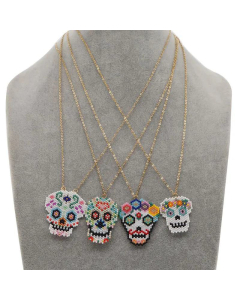 Wholesale Halloween Color Beaded Skull Pendant Stainless Steel Necklace