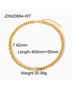 Wholesale Twist Chain Square Zircon Pendant Gold-Plated Stainless Steel Necklace 