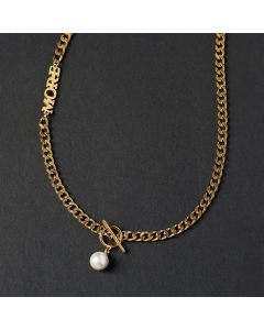 OT Buckle Gold Plated Clavicle Chain Titanium Steel Letters More Artificial Pearl Chain Necklace 