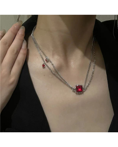 Ins Special-Interest Design Ruby Pendant Titanium Steel Necklace Long Fringe Rhinestone Earrings Sets