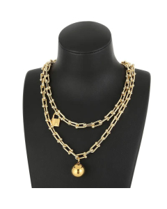 Supply Double-Layer Ball Pendant Trendy Women's Metal Stitching Chain Padlock Style Necklace