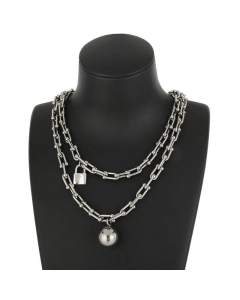 Supply Double-Layer Ball Pendant Trendy Women's Metal Stitching Chain Padlock Style Necklace