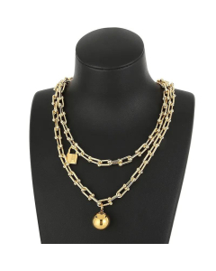Supply Double-Layer Ball Pendant Trendy Women's Metal Stitching Chain Padlock Style Necklace