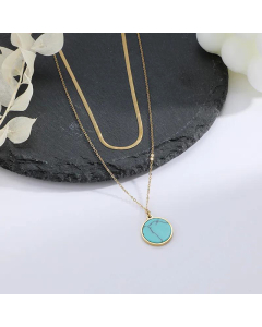 Wholesale Jewelry Double Layered Stainless Steel Necklace Turquoise Pendant