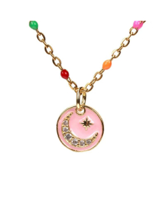 Trendy Enamel Stars Stainless Steel Dripping Oil Moon Necklace Wholesale
