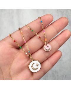 Trendy Enamel Stars Stainless Steel Dripping Oil Moon Necklace Wholesale
