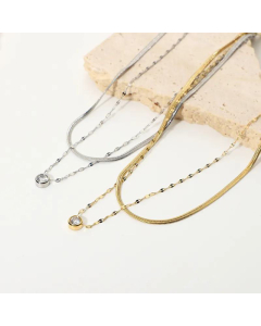 14K Stacked Snake Chain Double Layer Stainless Steel Inlaid Rhinestone Necklace Wholesale