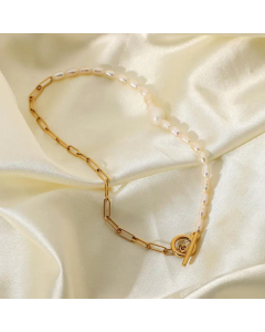 Wholesale Simple 18K OT Buckle Necklace Natural Pearl Stainless Steel Necklace 