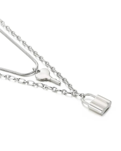 Wholesale New Double-Layer Stainless Steel Heart-Shaped Key Lock Pendent Necklace