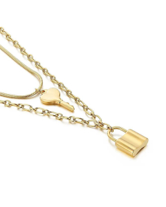 Wholesale New Double-Layer Stainless Steel Heart-Shaped Key Lock Pendent Necklace