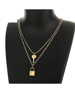 Wholesale New Double-Layer Stainless Steel Heart-Shaped Key Lock Pendent Necklace