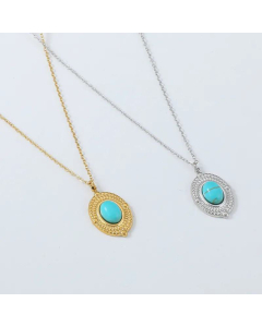 Wholesale Simple Oval Turquoise Pendant Stainless Steel Necklace Jewelry 