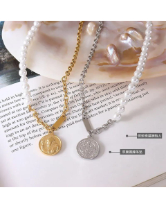 Wholesale Round Brand Portrait Pendant Titanium Steel Pearl Necklace