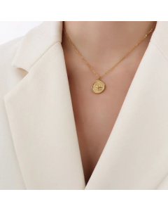 Gold Plated Round Compass Titanium Steel Necklace Wholesale