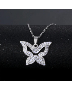 Elegant Hollow Inlaid Zircon Butterfly Pendant Stainless Steel Necklace Wholesale Jewelry 