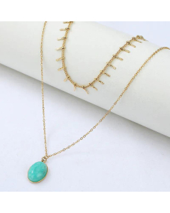 Bohemian Style Double-Layer Turquoise Oval Pendant Stainless Steel Necklace Wholesale