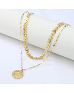 Retro Double Layered Round Tag Stainless Steel Pendant Leaf Chain Necklace Wholesale