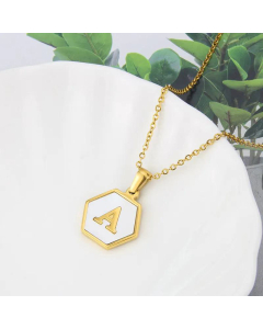 Wholesale Jewelry Simple Hexagonal White Shell Stainless Steel 26 Letter Pendant Necklace