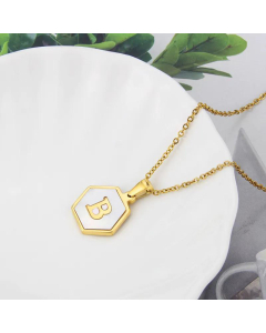 Wholesale Jewelry Simple Hexagonal White Shell Stainless Steel 26 Letter Pendant Necklace